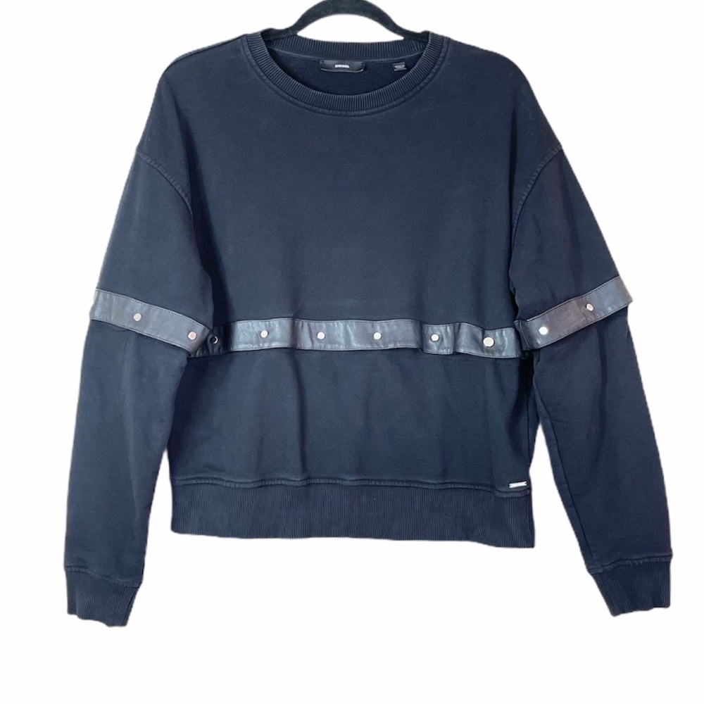 Diesel Convertible Black Sweatshirt with Faux Leather Trim and Silver Snaps - Picture 6 of 12
